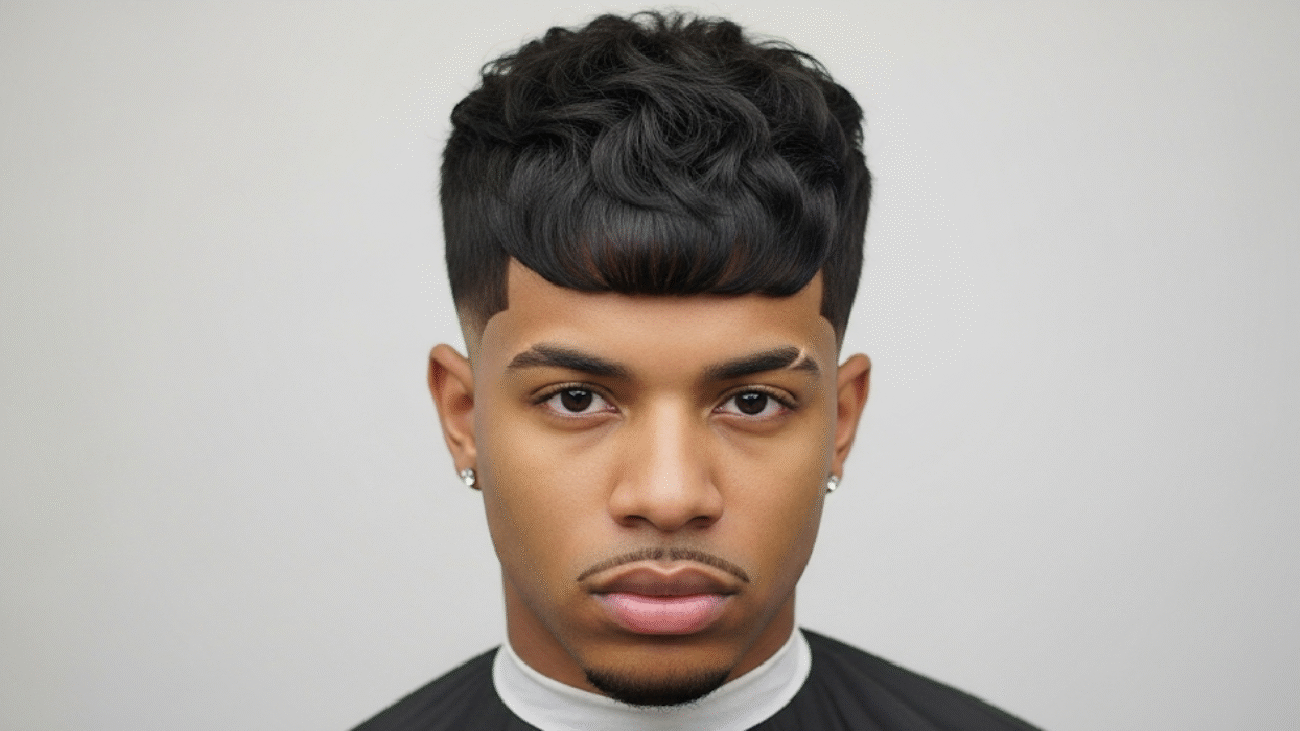 Alt Text: Stylish Blowout Taper Textured Fringe haircut for men
