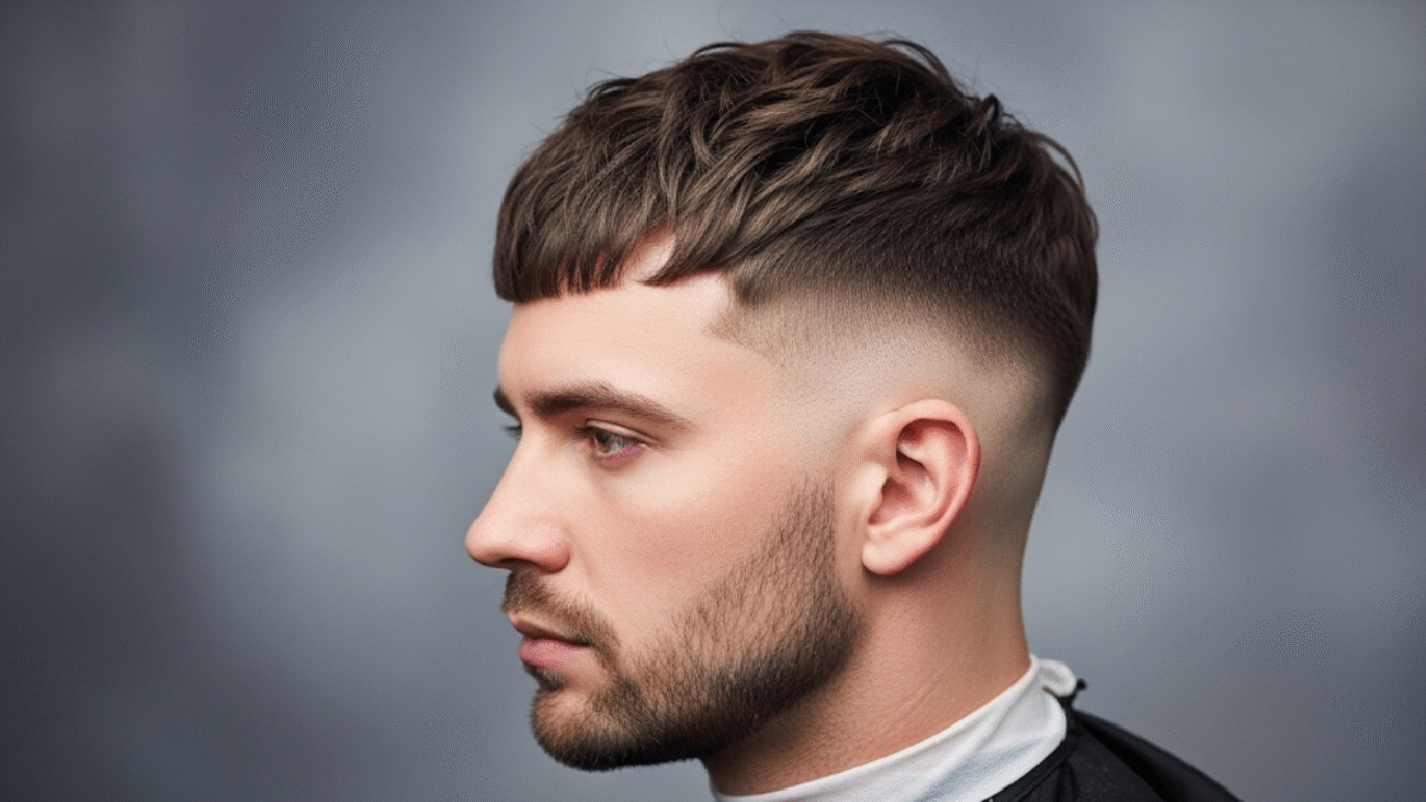 A person with a stylish textured fringe haircut, showing movement and layers.