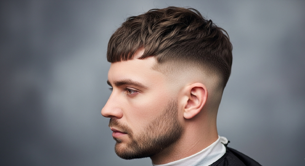 A man with a textured fringe talking to a female hairstylist in a salon chair, discussing his haircut.