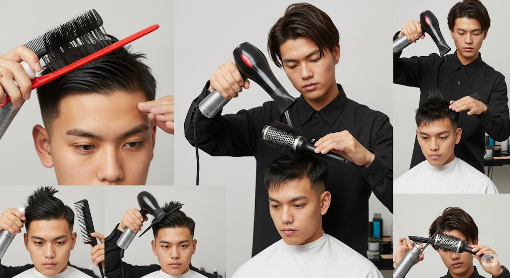 Man styling Blowout Taper Textured Fringe with hairdryer and product